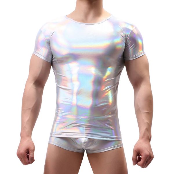 

men t shirt camisetas hombre imitation leather shinny man's t-shirt streetwear tee shirt homme ice silk harajuku men's clothes, White;black