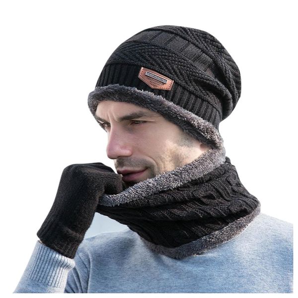 

2 pcs outdoor 6 colors knitting scarf hat men's hat sleeve bib gloves set plus velvet thick wool autumn winter knitted, Blue;gray