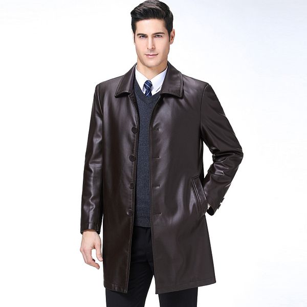 

9022 spring and autumn long-style leather coat men's turn-lapel leather overcoat men's plush thickened trench, Tan;black