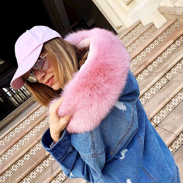 

eifurkop fashion jean jacket full rex fur liner coat women fur collar hood, Black