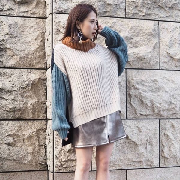 

2019 fall new sweet high-neck stitched loose sleeve knitted sweaterturtleneck pullovers women sweater, White;black
