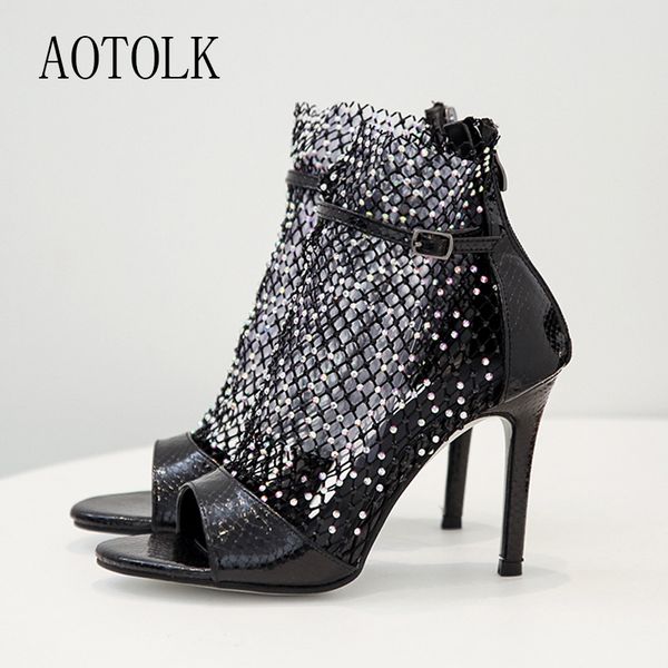 

woman shoes high heels sandals women thin heel fish mouth rhinestone mesh buckle short boots single large size 2020 new arrival, Black