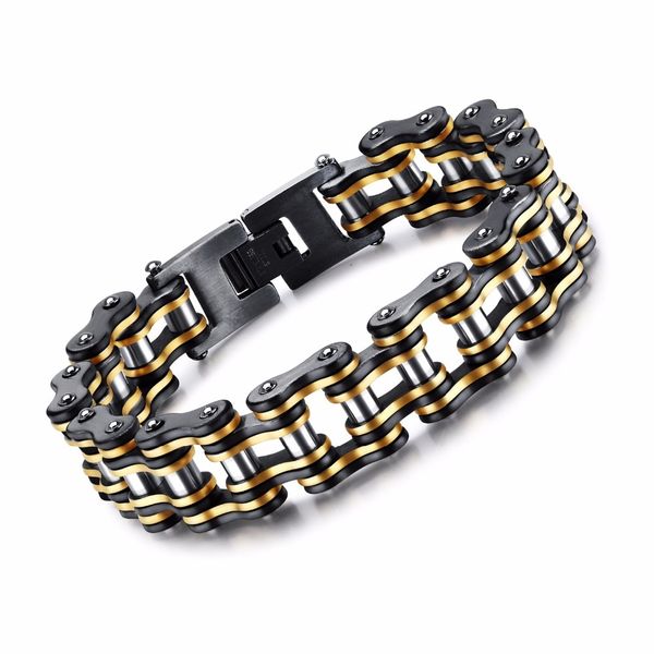 

men bike chain bracelet stainless steel biker bicycle motorcycle link chain punk heavy jewelry 15mm wide dropshiping gs877, Golden;silver
