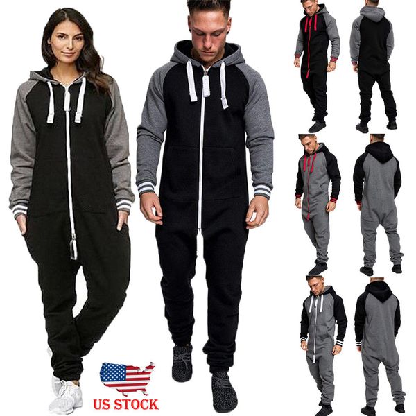 

autumn new mens sets long sleeve zip up warm coverall long romper jumpsuit harajuku playsuit casual pants plus size, Gray