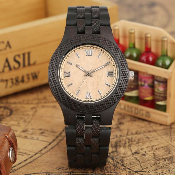 

roman numerals round dial wooden watch men ebony wood bangle watchband business men quartz timepieces folding clasp, Slivery;brown