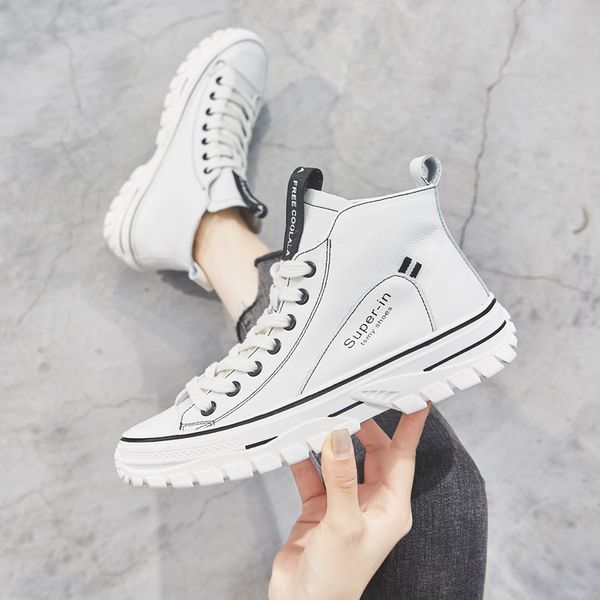 

leather highsmall white shoes for women in spring and autumn 2019 korean version baitao baseboard shoes with flat sole and tieup leisure, Black