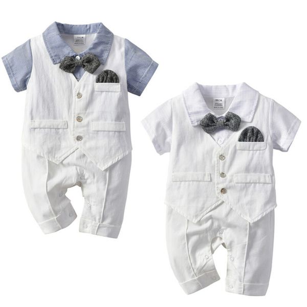 

2019 newborn boy kids baby rompers tuxedo suit outfits striped patchwork jumpsuit romper gentleman 0-24m, Blue