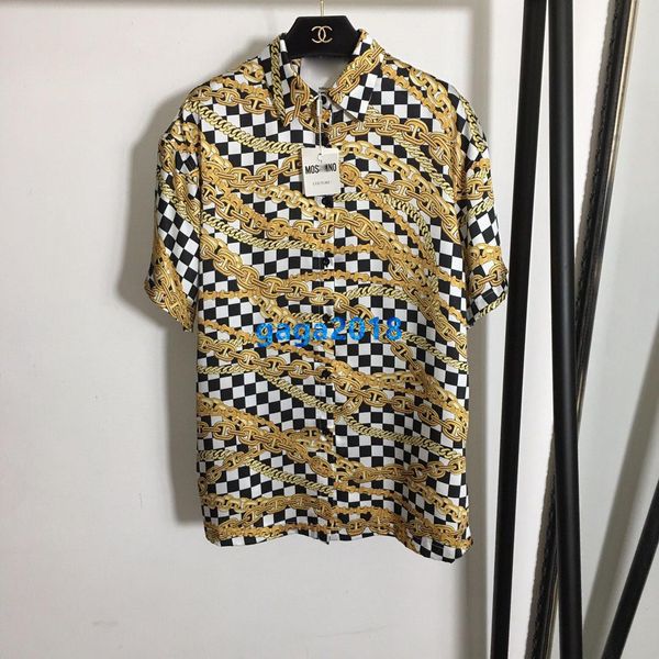 

high end женщины девушки футболка лоскутная цепь плед отворот шеи с коротким рукавом блузка летняя рубашка tee 20ss модный дизайн роскошные, White