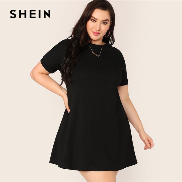 

shein plus size black short sleeve swing dress 2019 women spring summer solid casual shift round neck basics stretchy plus dress, Black;gray