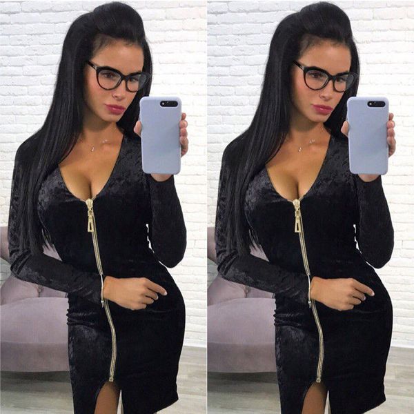 

new spring winter vintage zipper black pleuche dress women's fashion long sleeve basic print velvet pullover mini dress vestidos, Black;gray