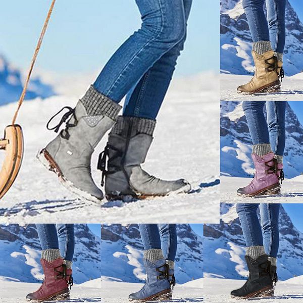 

loozykit women low heels shoes botas mujer boots fashion autumn pu mid-calf boots with back lace-up design solid color, Black