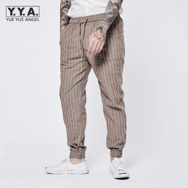 

vintage mens linen loose fit casual pencil pants personality striped drawstring harajuku trousers fashion men jogging sweatpants, Black