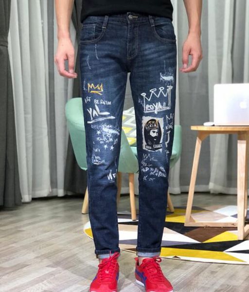 

men's europe and the united states, the korean version of the new printing trend slimming personality straight tube jean trousers / 28, Blue
