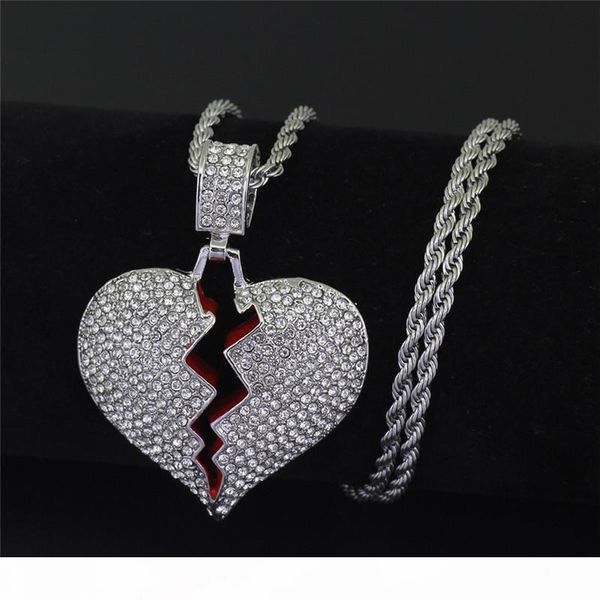 

boako iced out broken heart necklace & pendant with twist chain gold color bling cubic zircon men's hip hop jewelry gift x7-m2, Silver