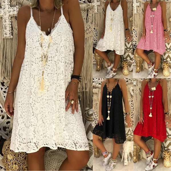 

2021 european style temperament solid color sleeveless suspender casual lace v-neck dress, support mixed batch, White;black