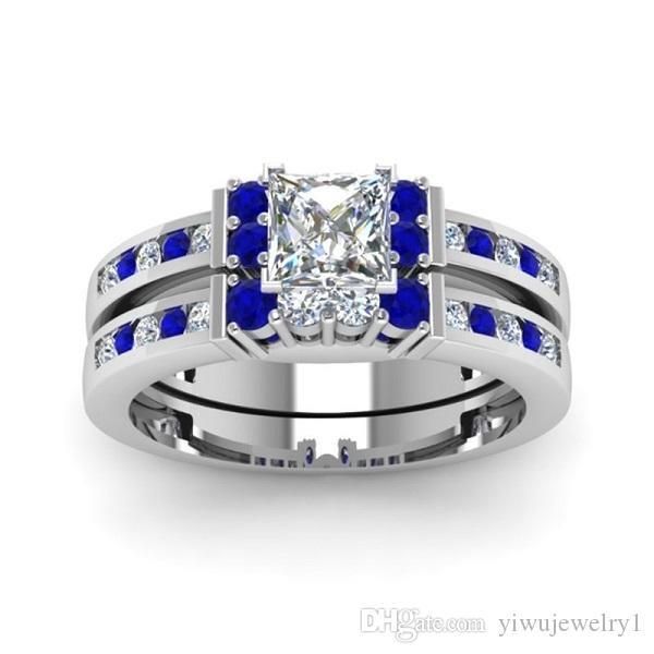 

2 pcs set 925 sterling silver ring set white sapphire diamond ring bride wedding engagement ring birthday party gift size 5-12, Golden;silver
