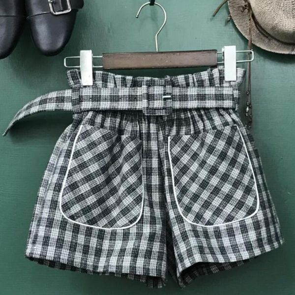 

autumn winter vintage plaid woolen shorts women high waist loose wide leg boots shorts, White;black