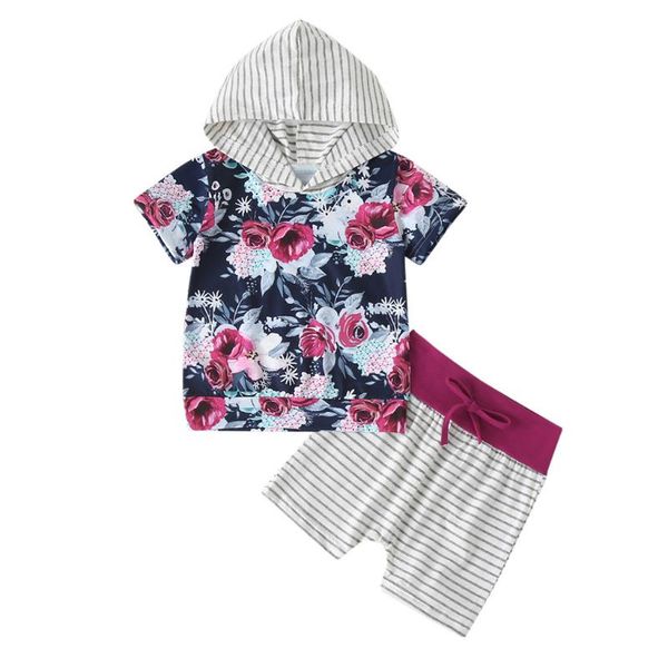 

toddler baby girls boys clothes summer short sleeve flower hooded +shorts sets suits for girls kids clothes outfits suits zf, White