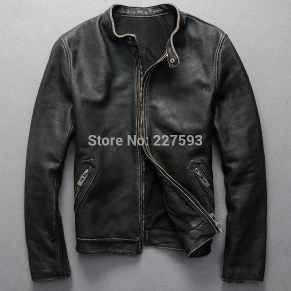 

factory cowhide vintage retro edging finishing genuine leather clothing male jacket outerwear design stand collar fashion, Black