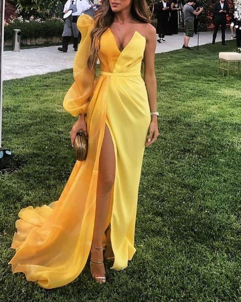 

2020 women elegant one shoulder maxi dress yellow evening party v neck dress colorblock puff sleeve mesh insert high slit, Black;gray