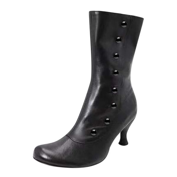 

Leather Button Wedges boots women Cowboy Slip-On Zipper Boots Round Toe Shoes British Style Plus size 35-43 Street Outdoor shoes