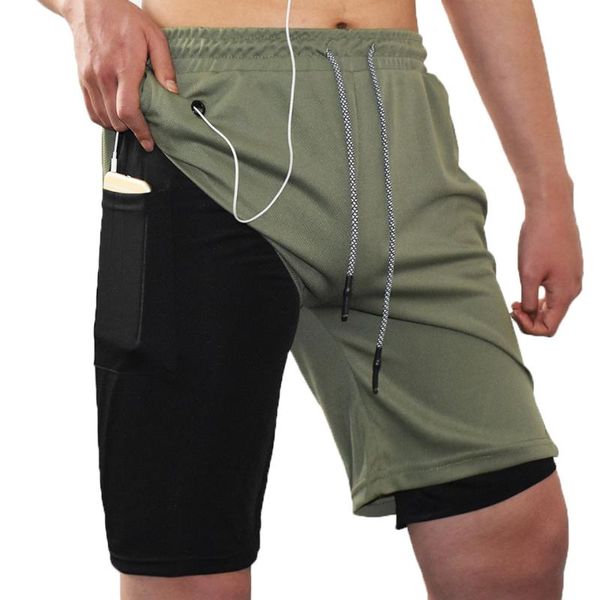 

2020 fitness gym shorts double quick drying elastic men's shorts with earphone hole plate men music 2 in 1 running, Black;blue