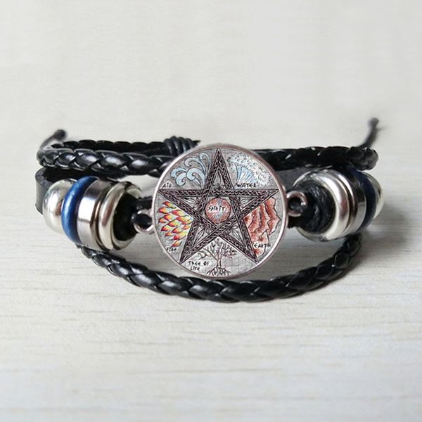 

flower figure five-pointed star pattern glass leather bracelet, fashion wear black leather bracelet jewelry