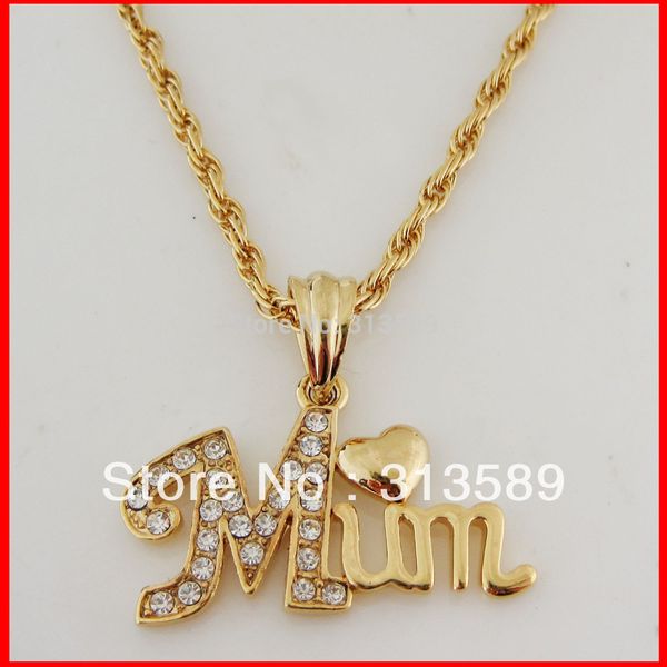 

min order 10$/ - yellow gold gp coated 24" rope necklace&love mum pendant cz stone/great gift/great money maker, Silver