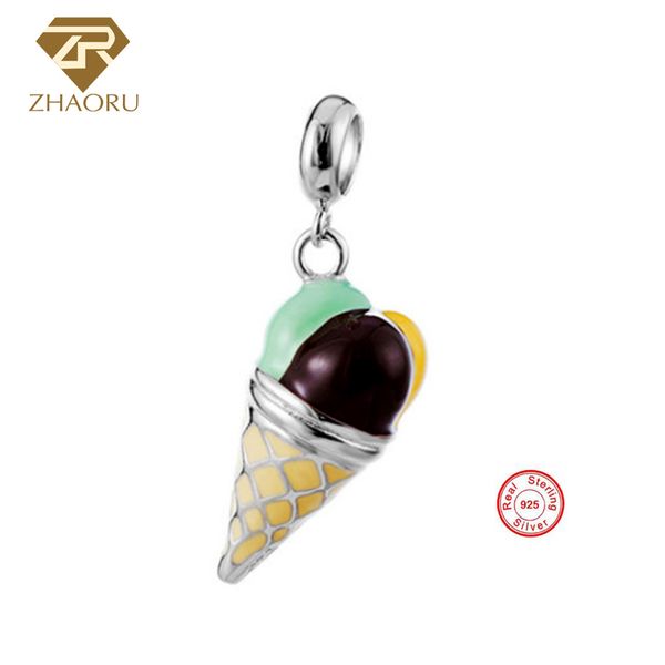 

zhaoru новый оригинальный 925 стерлингового серебра эмаль кристалл подвески кулон fit браслеты ожерелье мода diy мороженое шарм, Silver