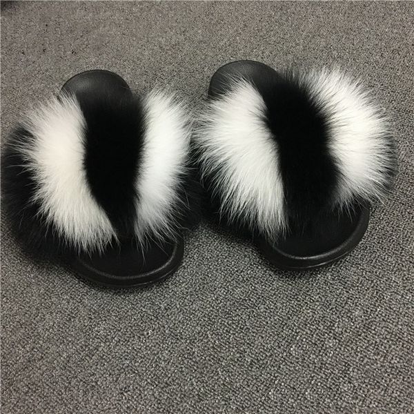 

new summer woman slides fluffy real hair slippers flat non slip indoor flip flops mujer casual furry beach sandals, Black