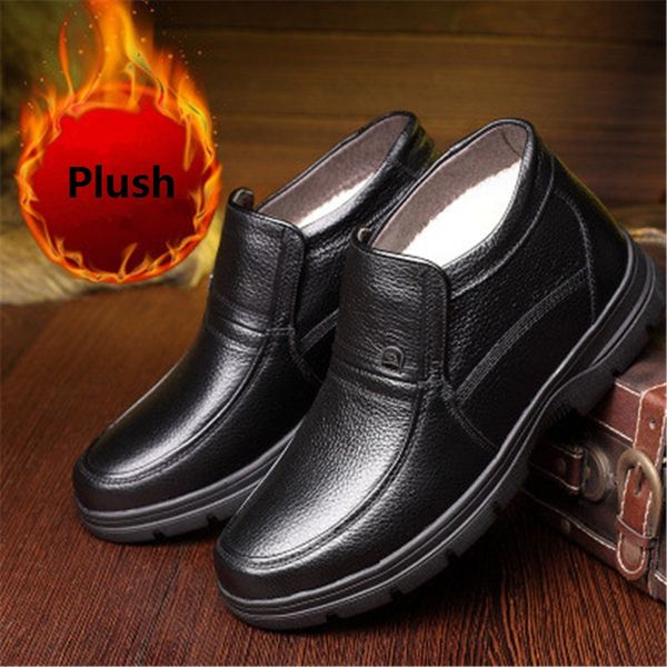

natural cow leather men waterproof snow boots handmade retro winter super warm thick plush ankle boots male business dress shoes, Black