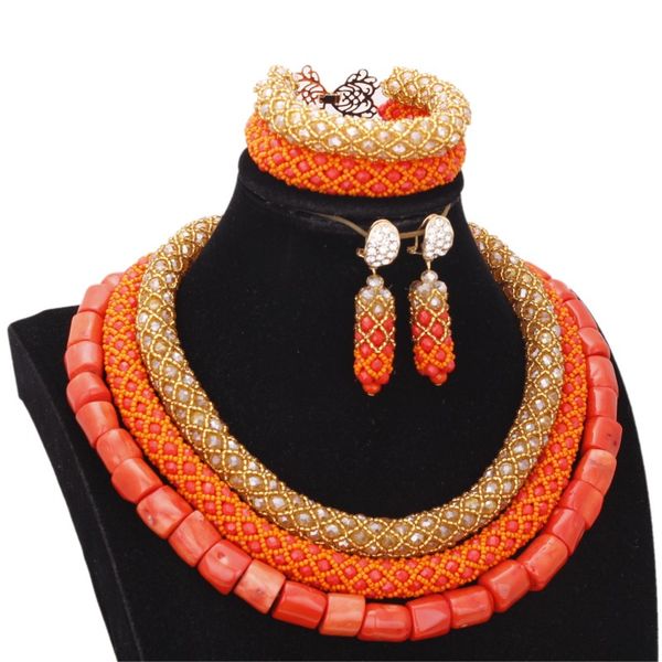 

4ujewelry nature coral+crystal jewellery set gold orange necklace+bracelet+earrings women bridal jewelry set for african nigeria, Slivery;golden