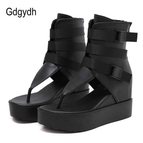 

gdgydh platform flip flops women beach sandals ankle strap wedges shoes for summer black leather vintage european american zip