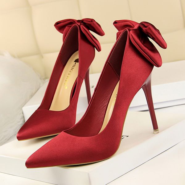 

women pumps shoes sweet satin butterfly-knot pointed toe shallow slip-on .5cm thin high heel solid lady party female shoes, Black