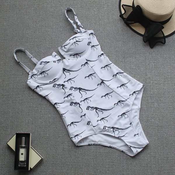 

печать динозавры цельный купальник женщин сексуальное bodysuit push up монокини 2019 девочка пляж тонкий купальник купальники бразильскую, White;black