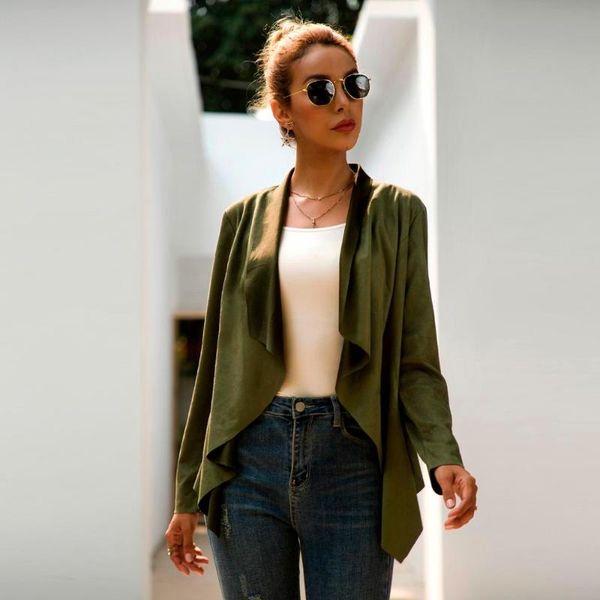 

women solid outerwear pleated cardigan long sleeve suede coats fashion autumn outwear green, Tan;black