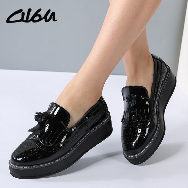 

o16u women oxfords flats platform shoes patent leather tassel slip-on pointed creeper black brogue loafers brand cj191226