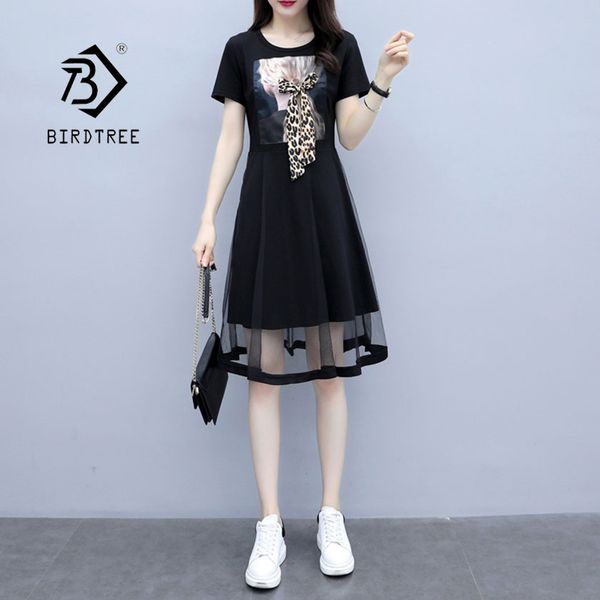 

2019 new summer women's patchwork mesh print girl bow dress o neck knee length high waist vestido lady casual d95403z, Black;gray
