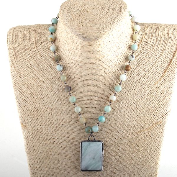 

fashion jewelry natural stone rosary chain rectangle stone pendant choker necklaces women necklace, Silver