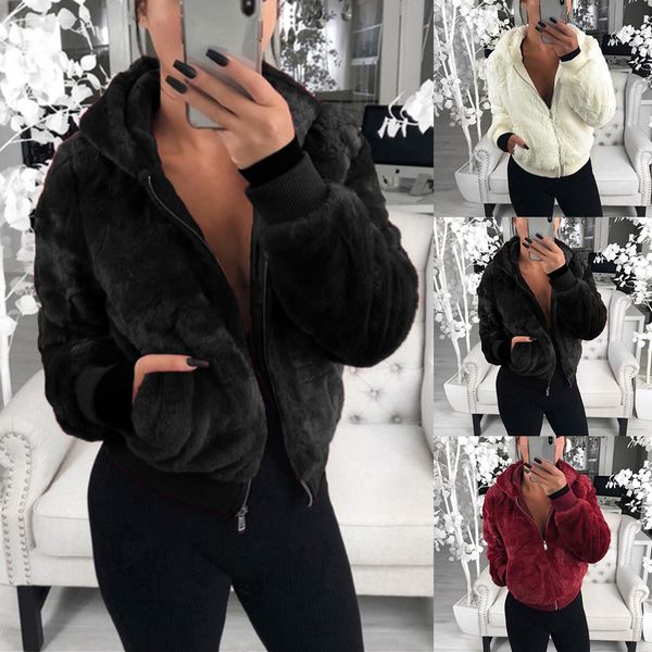 

heflashor fashion women faux fur coat winter warm plush hoodies jackets female slim fit overcoat clothes 2019 outwear, Black