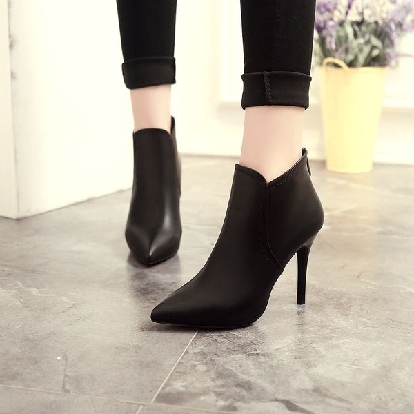 

2018 autumn and winter new black pointed toe stiletto short boots cotton boots back zipper super high heel fashion women's shoes