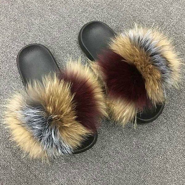 

real fur slippers women fur slides woman's summer furry sandals home slippers female fuzzy flip flops casual plush shoes, Black