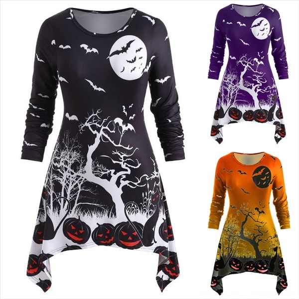 

2019 women's long sleeve size bat printed irregular pumpkin t-shirt pumpkin halloween t-shirt top, White