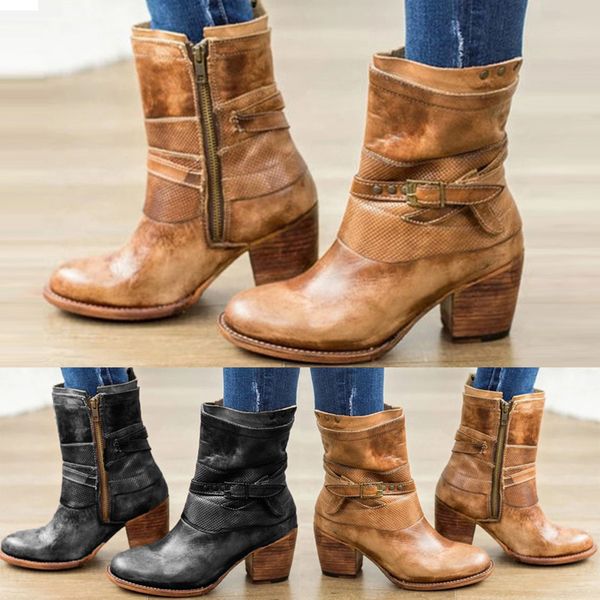 

womens flat leather comfortable buckle zipper shoe cowboy low-heeled ankle boots, Black