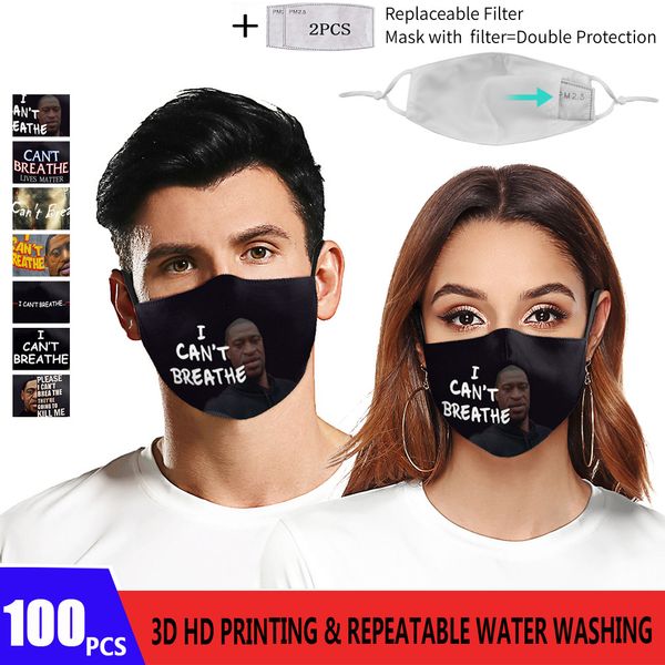 

in stock 3d hd printing i can't breath pattem face mask adults reusable protective pm2.5 face masks 5layers filters washable