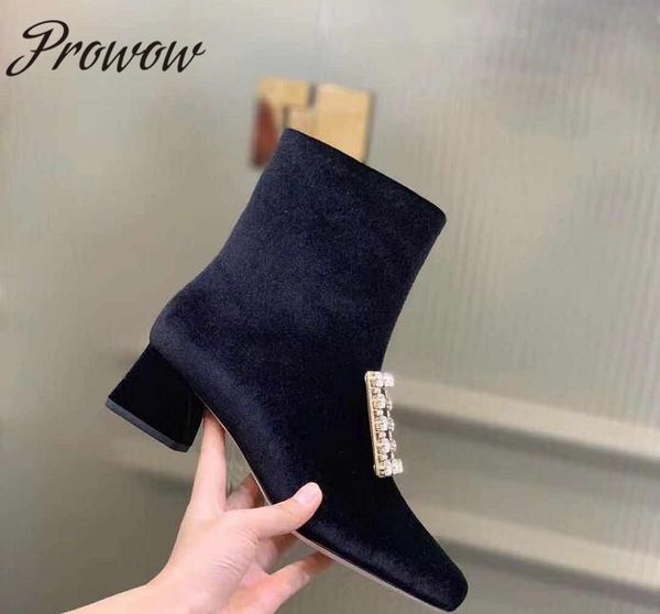 

prowow new spring velvet square toe ankle boots zip side crystal beading thick heel high heel women boots shoes women, Black