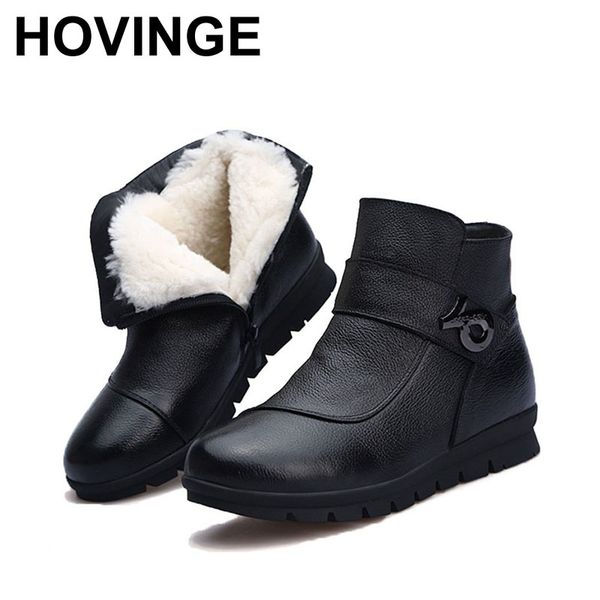 

hovinge new female winter boots woman genuine leather natural wool warm snow boots comfortable soft bottom mother shoes, Black
