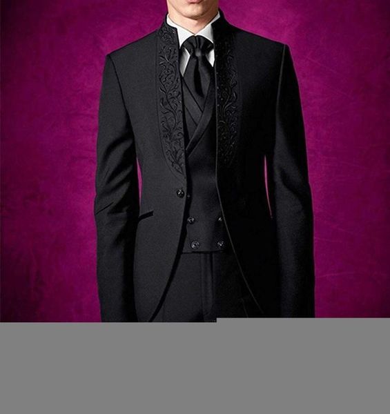 

custom made men suits mandarin lapel groom tuxedos embroidery men wedding groomsmen ( jacket+vest+pants+tie ) e217, White;black
