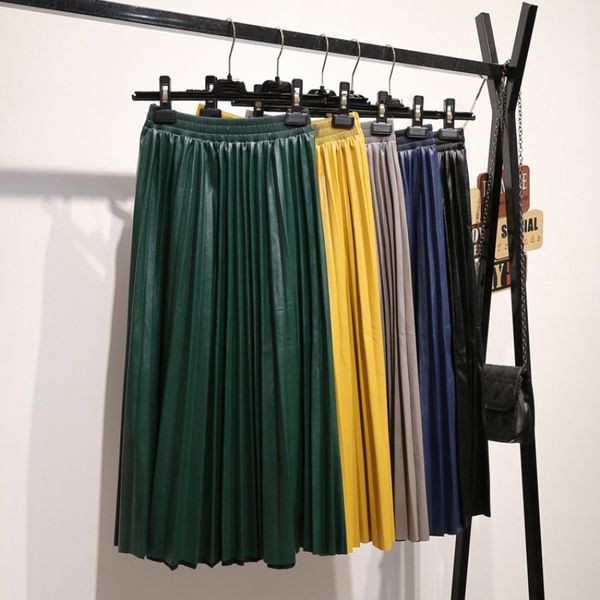 

pu skirt women 2019 autumn winter midi long korean elegant pleated high waist leather skirt female a line office skirt, Black