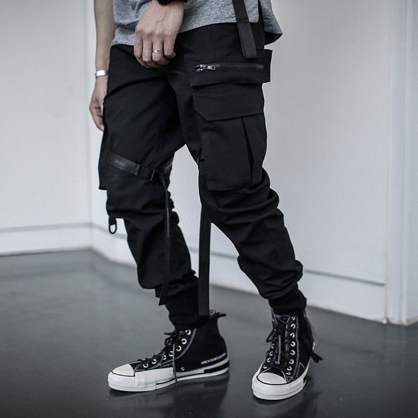 

men personality ribbons hip hop cargo pants multi pockets casual joggers men black streetwear korean style harem pants